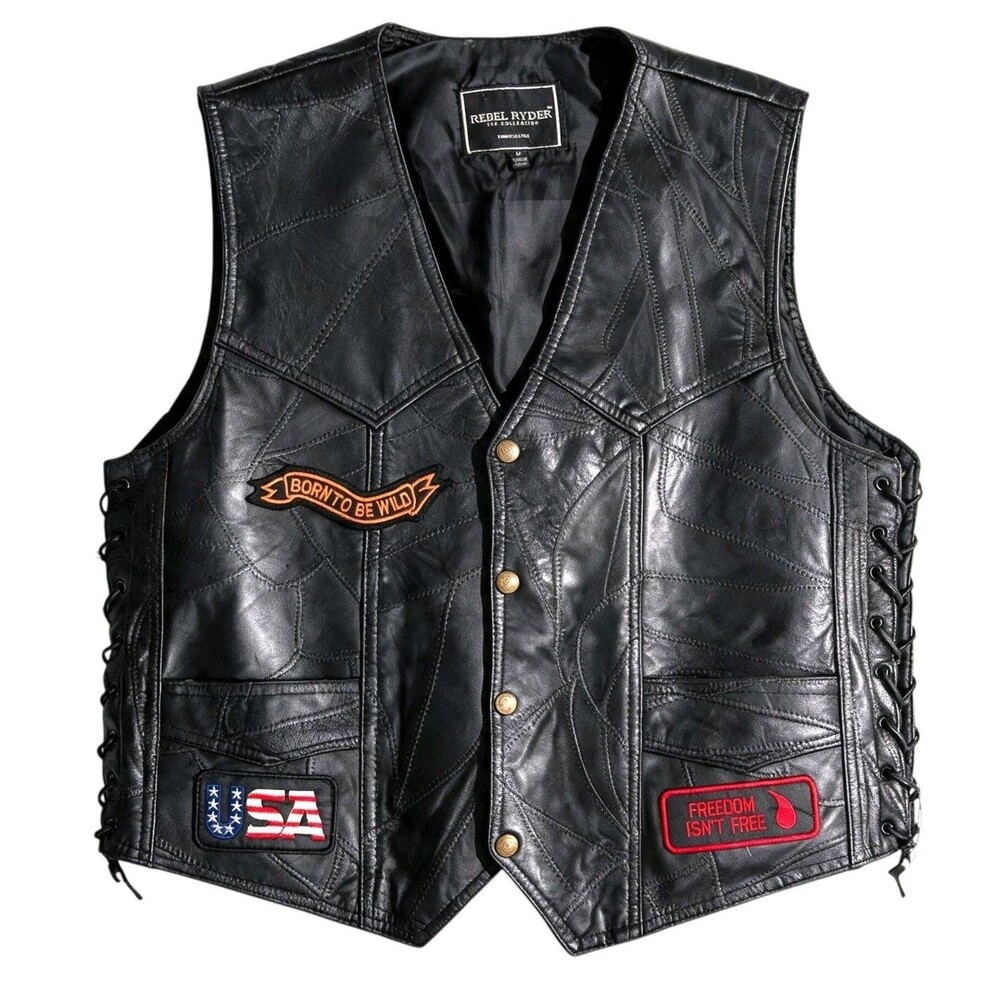 Rebel Ryder Leather Biker Vest Mens M Black Patchwork Motorcycle Eagle Patches